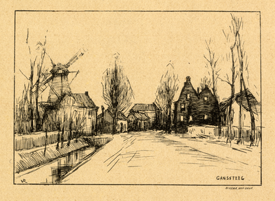 103813 Gezicht in de Ganssteeg te Utrecht met op de achtergrond de molen De Gans.N.B. De straatnaam Ganssteeg is in ...